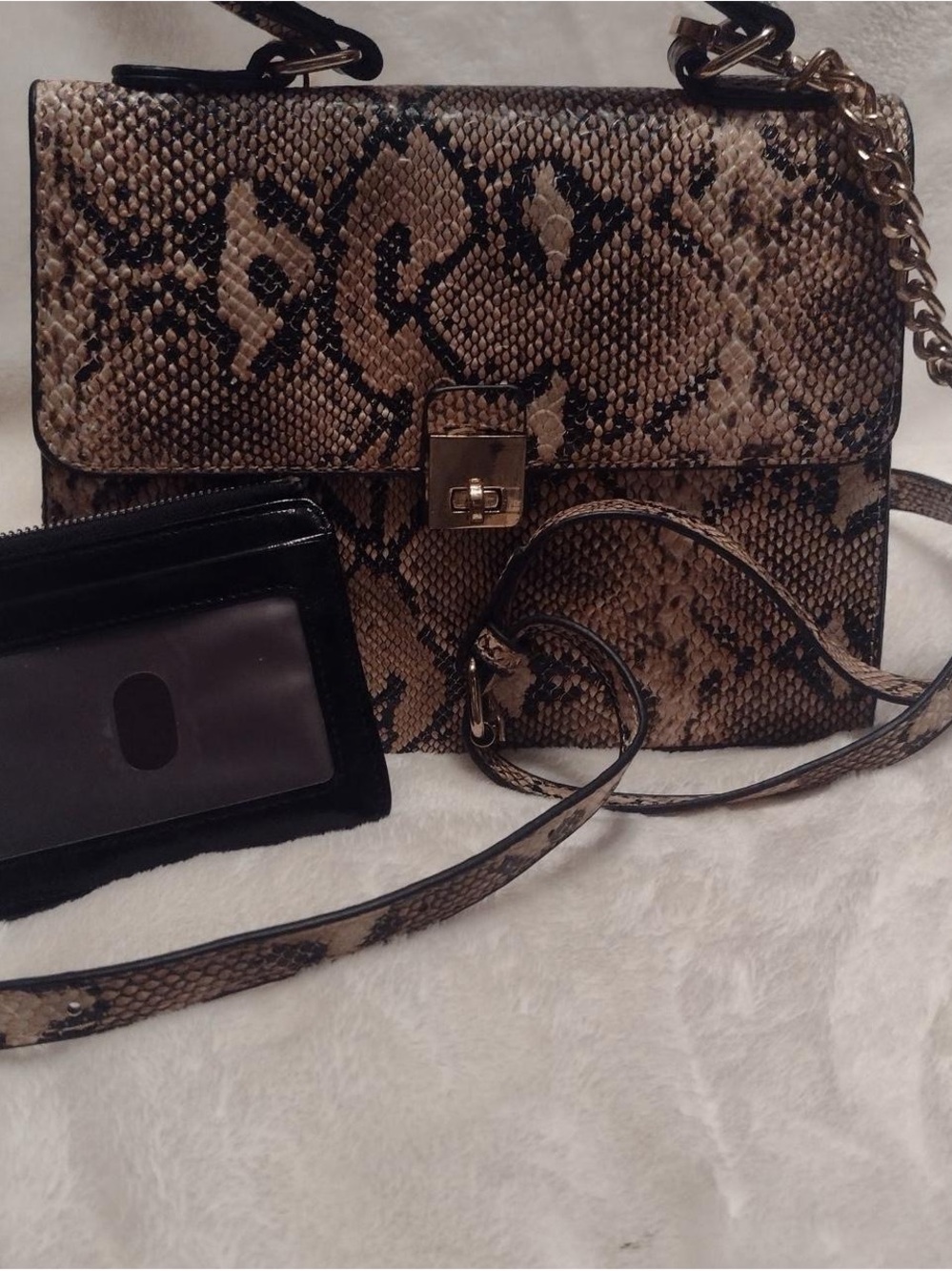 Textured Snake-Print Crossbody Bag in Brown with Gold Hardware